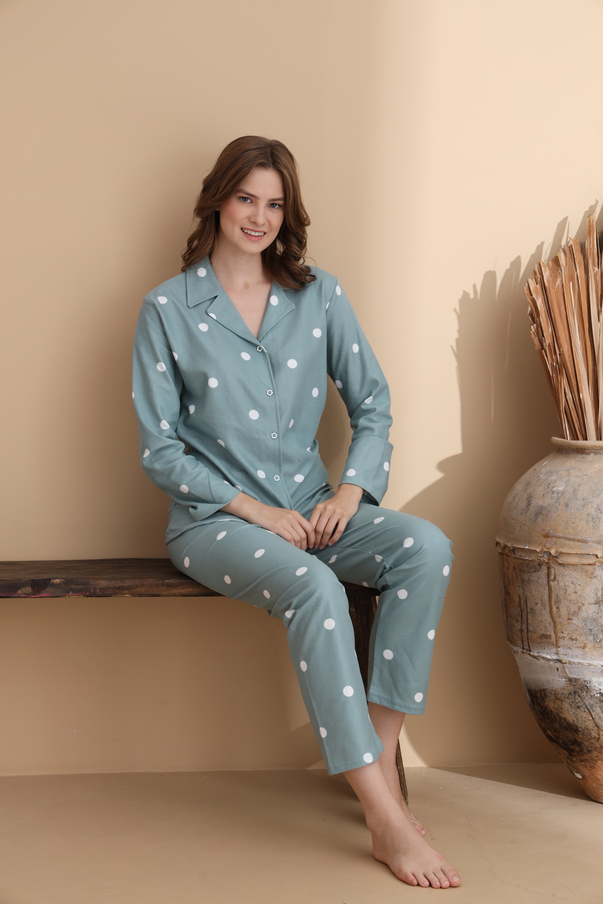 ELİTOL Nokta Desen Süet Örme Uzun Kol Kadın Düğmeli Pijama Takımı görsel 2