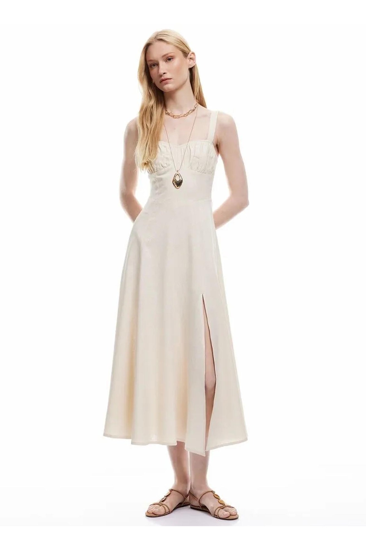 Koton Heart Collar Beige Midi Women's Dress 5Sak80330Ew