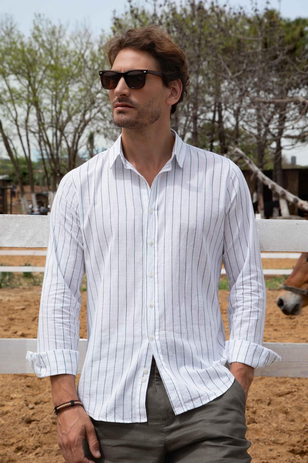 Tudors Erkek Slim Fit Dar Kesim Uzun Kollu %100 Pamuk Keten Doku Çizgili Gömlek