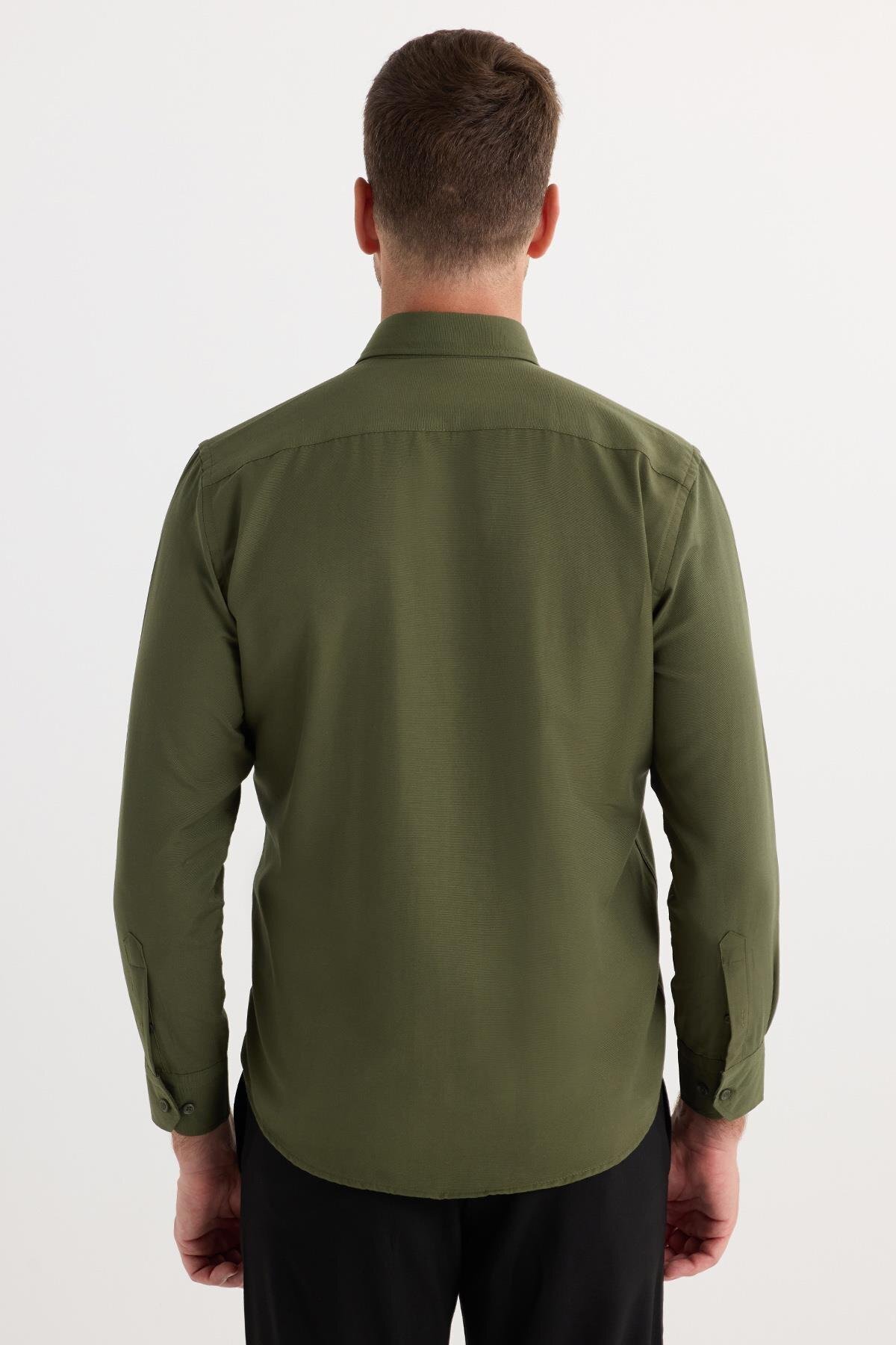 Tudors  Regular Fit Düğmeli Yaka Pamuklu Kolay Ütü Oxford Düz Erkek Haki Gömlek - Görsel 8