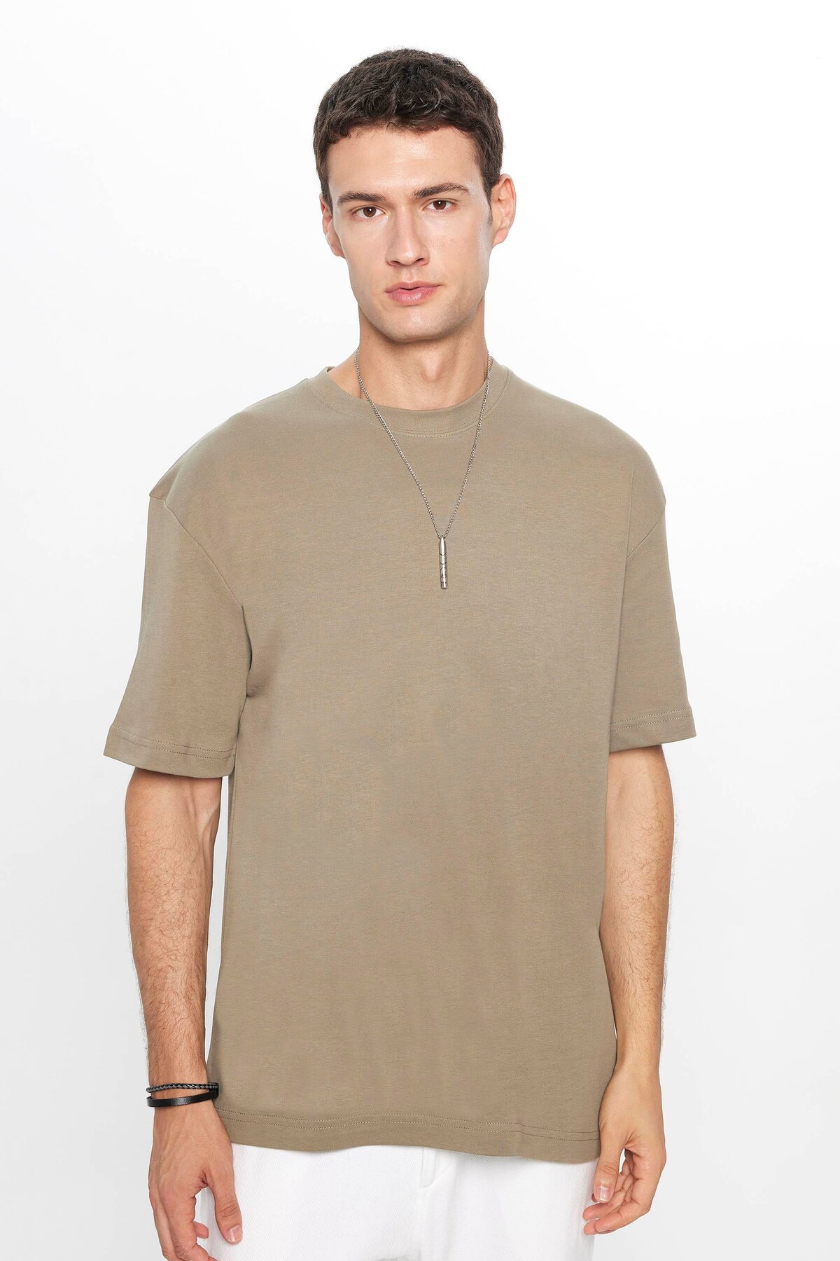 Tudors Unisex Oversize Geniş Kesim %100 Pamuk Yumuşak Dokulu Basic Bisiklet Yaka Haki Tişört görsel 2