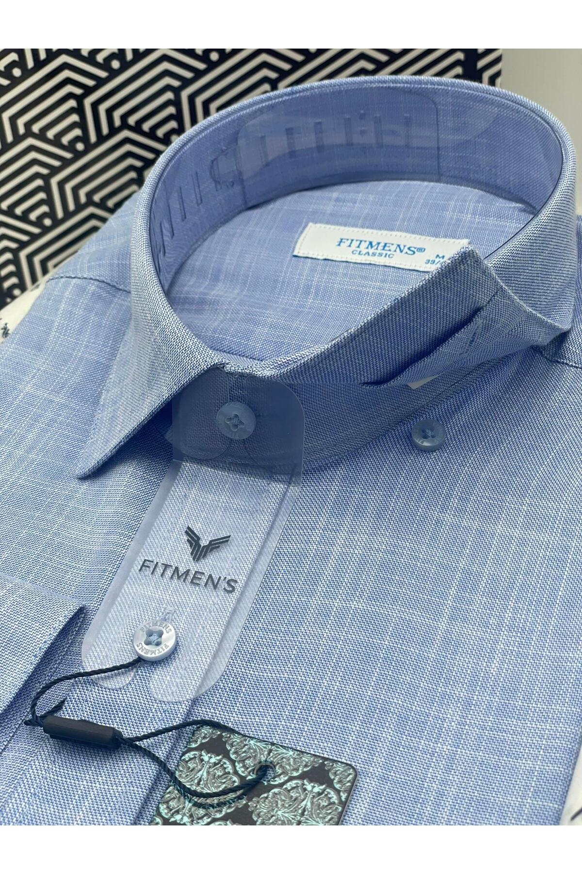 پیراهن مردانه کلاسیک آستین بلند بدون جیب، یقه دکمه‌دار کتانی با جعبه هدیه FS-003686 - آبی — فلزی — تصویر 4 از 5