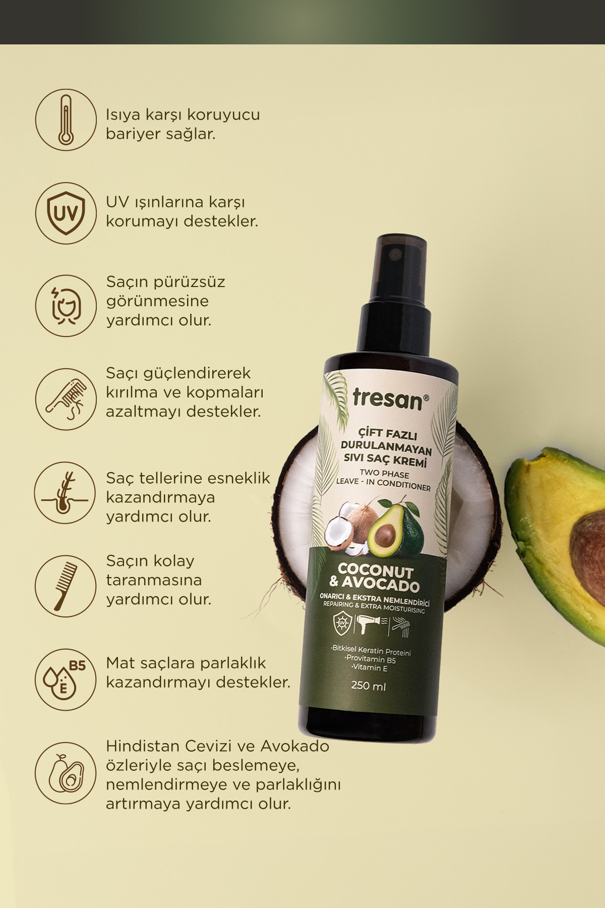 Hindistan Cevizi & Avokado Onarıcı Çift Fazlı Durulanmayan Sıvı Saç Kremi – Isı Korumalı (250 ml) — 90365 — تصویر 3 از 6