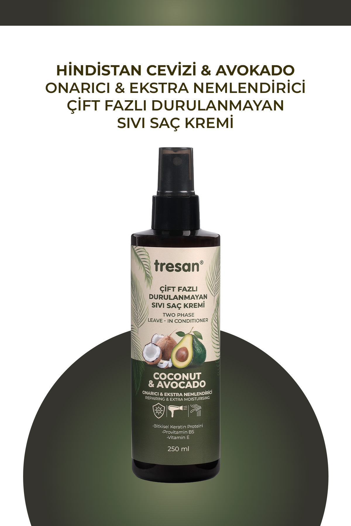 Tresan Hindistan Cevizi & Avokado Onarıcı Çift Fazlı Durulanmayan Sıvı Saç Kremi – Isı Korumalı (250 ml) — 90365