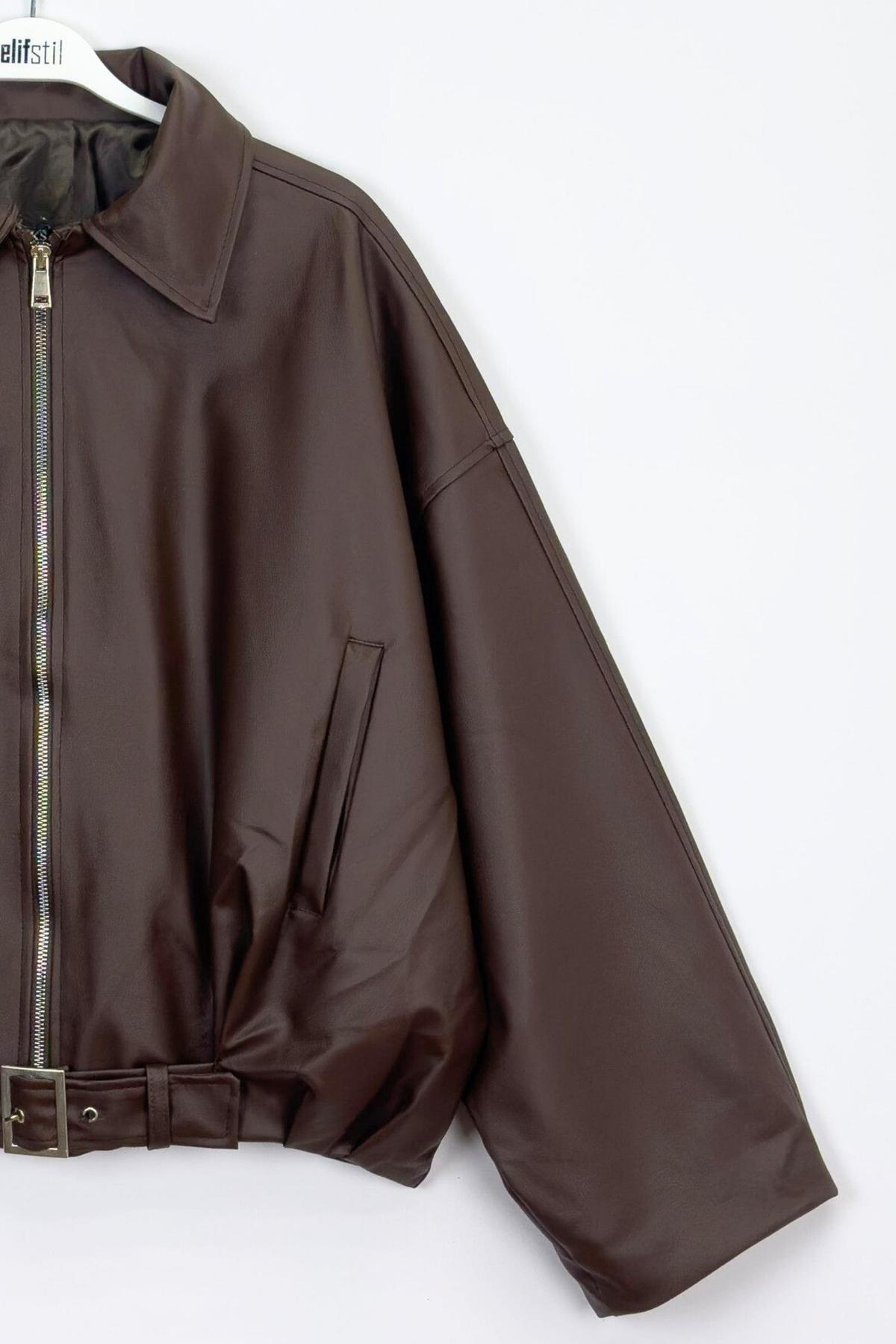 Jaglion  Luvren Acı Kahve Trend Oversize Bomber Kemerli Deri Ceket - Görsel 6