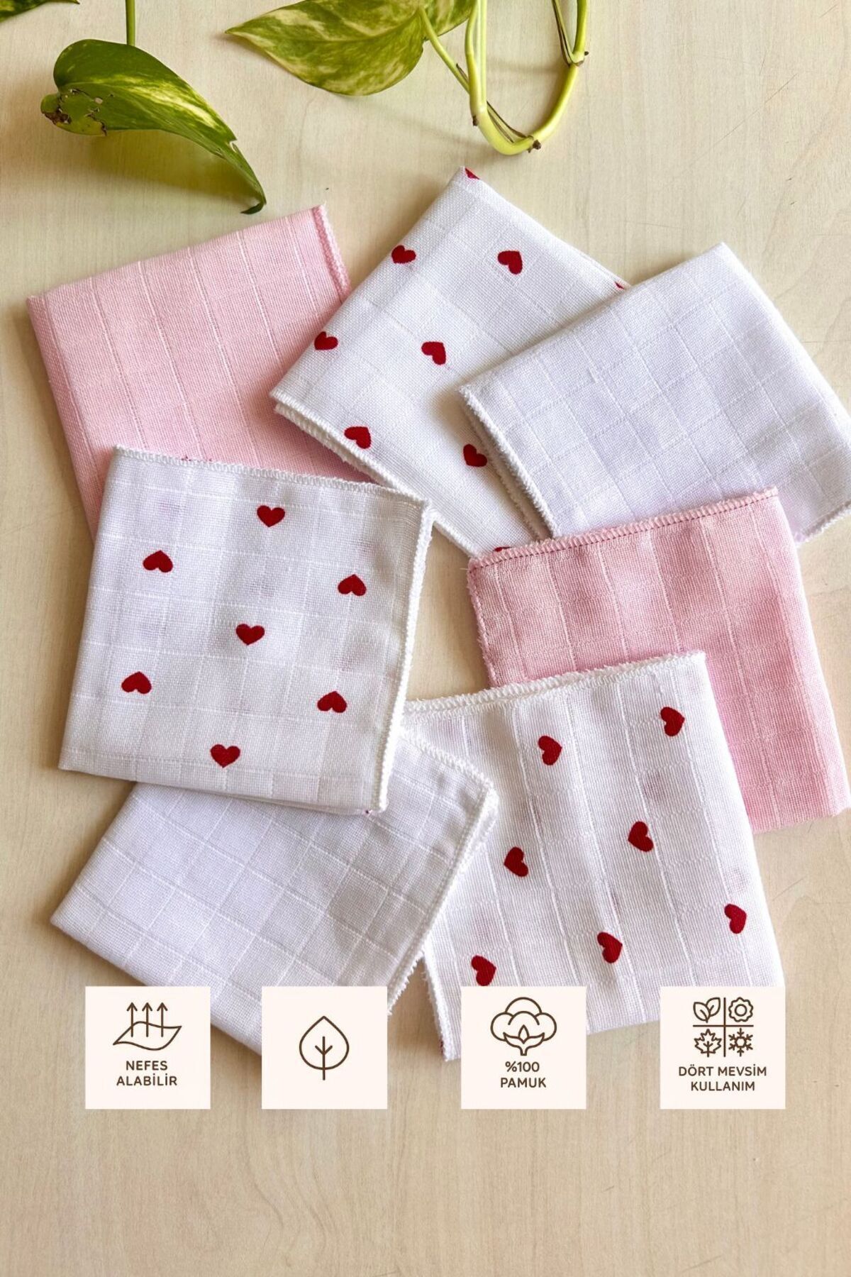Sevza Kids %100 Pamuk 7'li Müslin Bebek Ağız Mendili Pure Collectıon Kırmızı Kalp