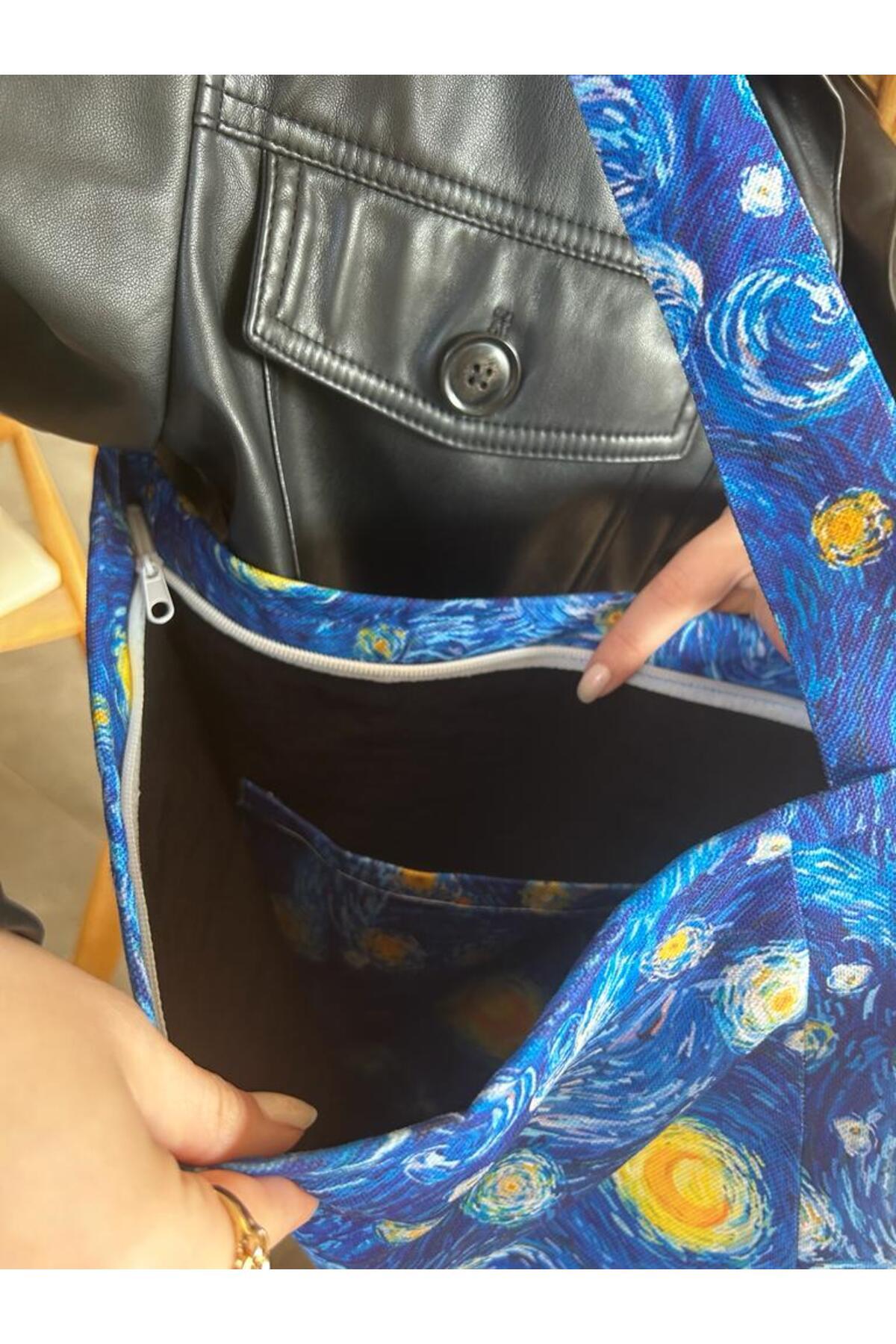 bee store Van Gogh Desenli, Fermuarlı, Astarlı, Iç Cepli, Kumaş, Kol Ve Omuz Çantası görsel 3