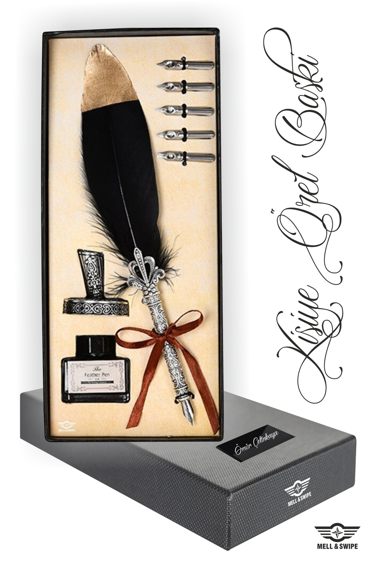 MELL & SWIPE Kişiye Özel Isim Baskılı Hediyelik Masa Üstü Tüylü Hokka Divit Kalem Ve Mürekkep Seti Gold Detay