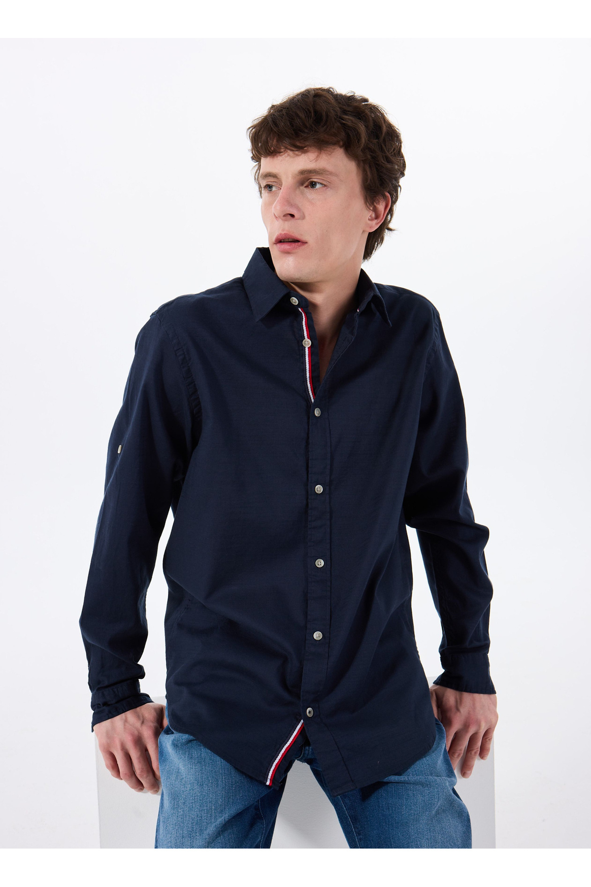 جک اند جونز پیراهن مردانه آبی سرمه ای راحت 12270088_JJPIERRE SLUB DETAIL SHIRT