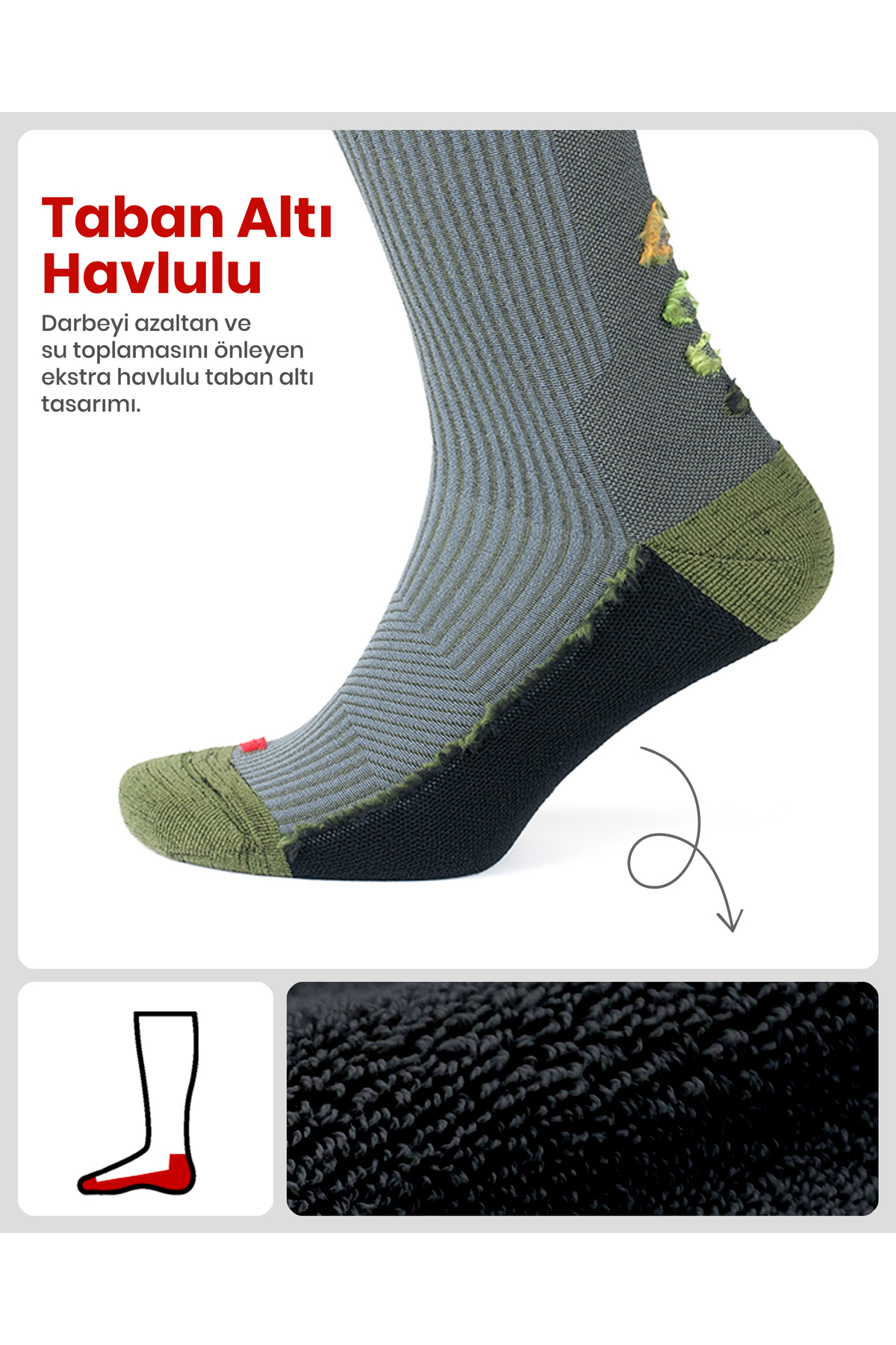 GoWith Taban Altı Havlulu Dikişsiz Renkli Diz Boyu 20-30 Mm Hg Basınçlı Kompresyon Kadın Erkek Çorap 3595 görsel 4