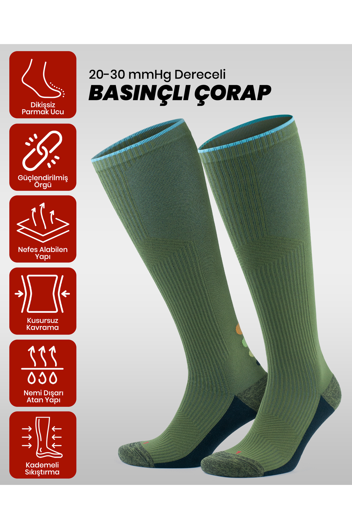 GoWith Taban Altı Havlulu Dikişsiz Renkli Diz Boyu 20-30 Mm Hg Basınçlı Kompresyon Kadın Erkek Çorap 3595 görsel 2