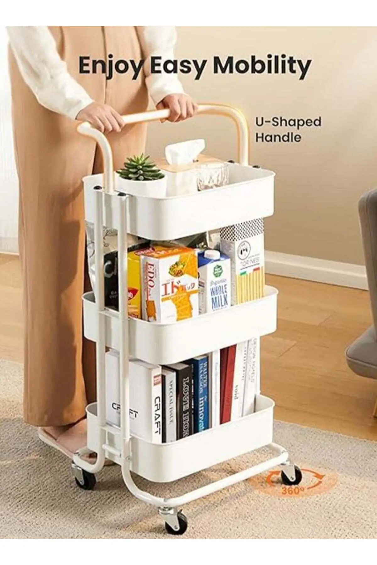 منظم عربة معدني متعدد الأغراض بثلاث طبقات، أرفف متحركة، أبيض، 82×44×36 سم