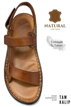 sermoda Hakiki Gerçek Deri Cırtlı Erkek Sandalet Taba