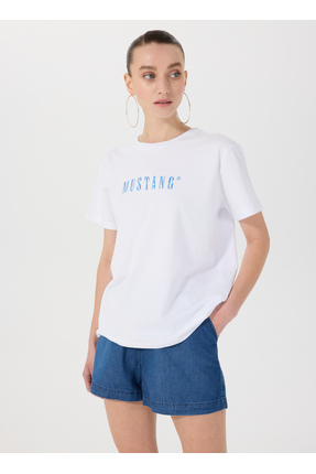 Mustang Bisiklet Yaka Baskılı Beyaz Kadın T-Shirt M5SL-TST1860