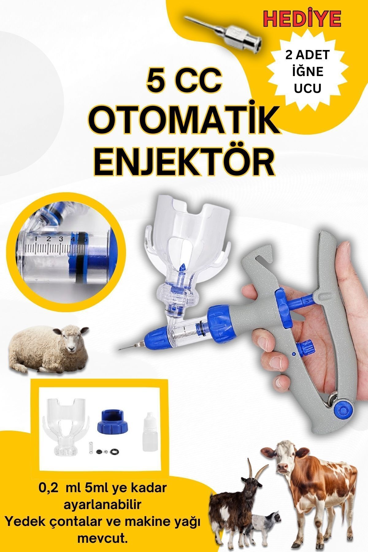 STELLA MODA Otomatik Enjektör 5 Cc Küçükbaş Büyükbaş Hayvan Aşı Tabancası Enjektörü Koyun Keçi Oğlak