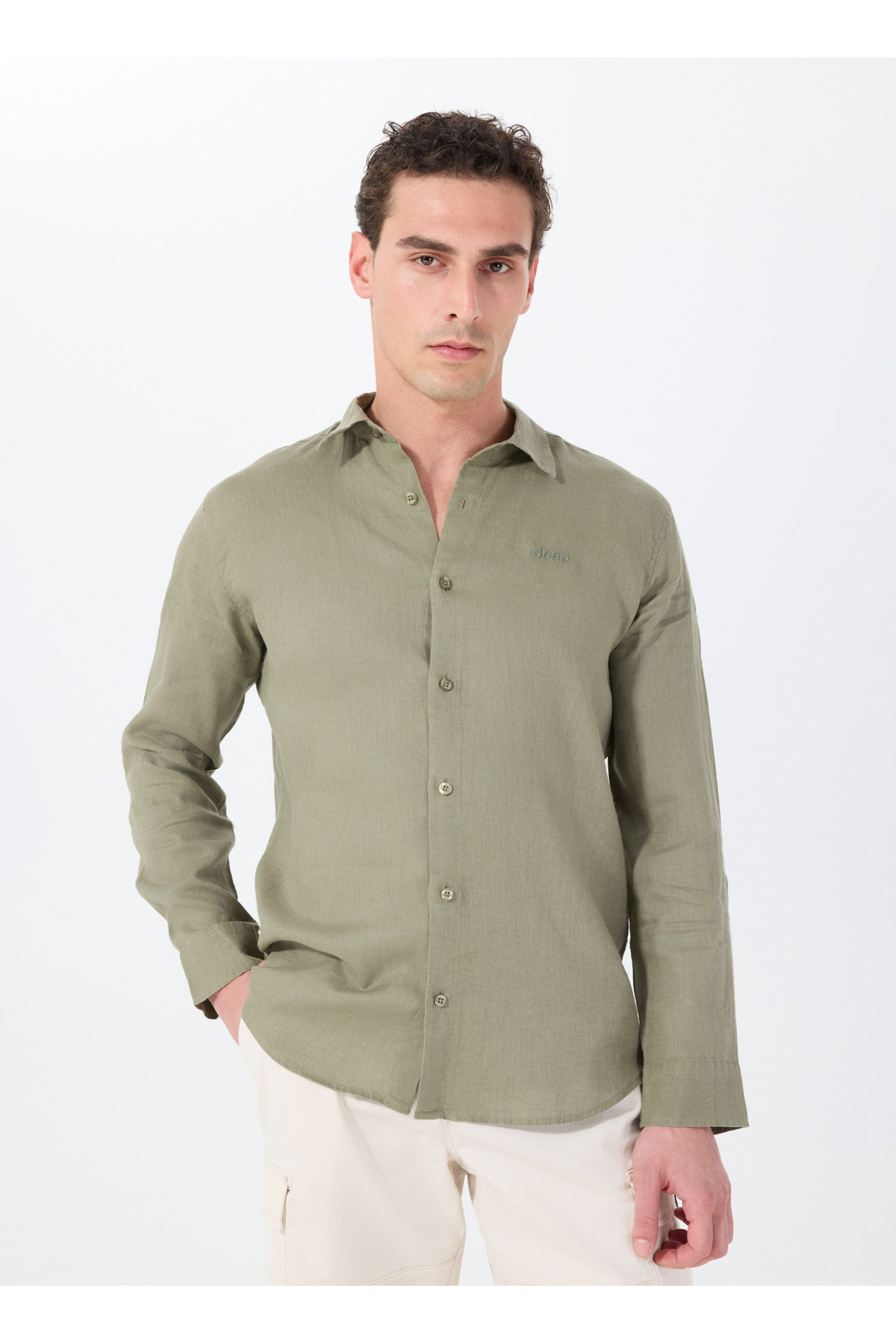 جیپ پیراهن مردانه یقه گرد ساده خاکی J5SM-GML7227