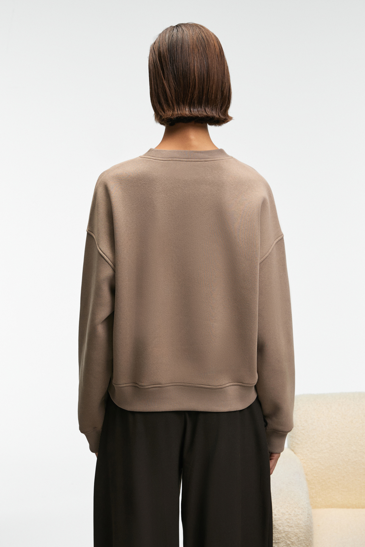 GRIMELANGE  SERENYA Kadın Pamuklu Etiket Detaylı Bisiklet Yaka Vizon Sweatshirt - Görsel 6