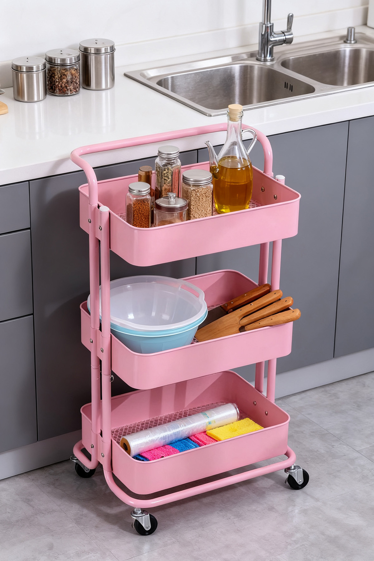 رف تخزين معدني بثلاث طبقات، دوار، وردي، 85×45×37 سم