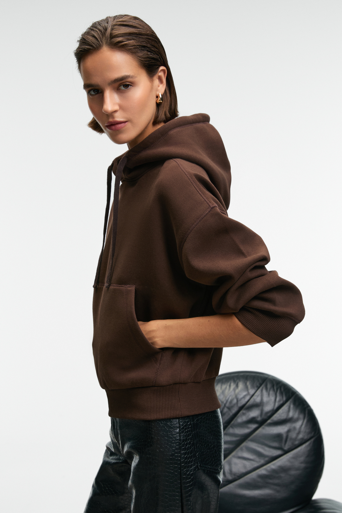 GRIMELANGE  SELENE Kadın Kapüşonlu Kangru Cepli Regular Fit Kahverengi Sweatshirt - Görsel 5