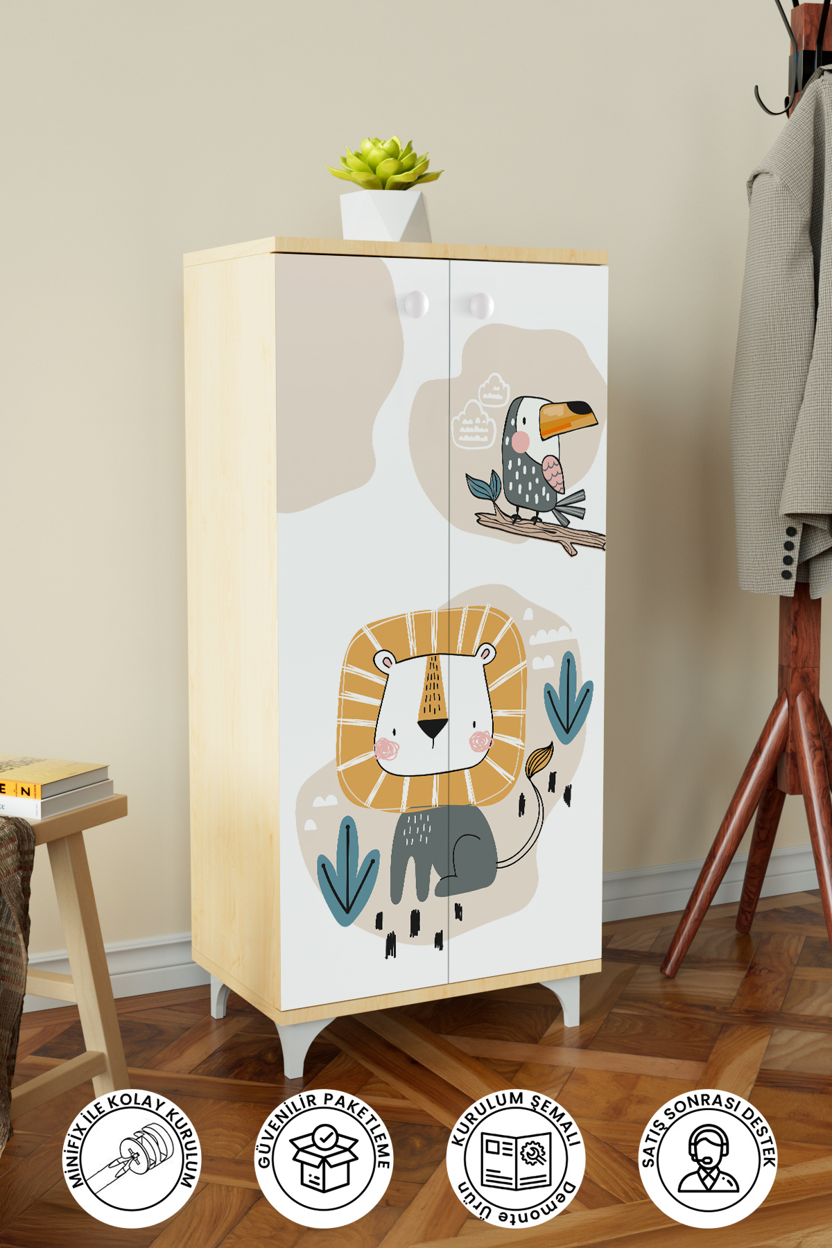 Hediyeler Kapında Jungle Animals 3 Raflı Çocuk Odası Dolabı Çok Amaçlı Baskılı Oyuncak Dolabı Akçağaaç