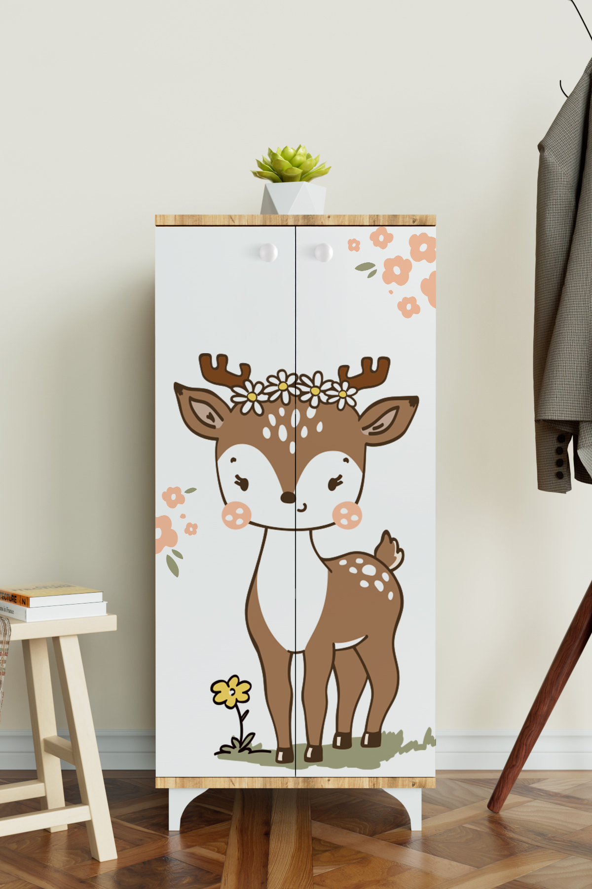 Hediyeler Kapında Little Fawn 3 Raflı Çocuk Odası Dolabı Çok Amaçlı Baskılı Oyuncak Dolabı Ahşap fotoğrafı 3 (önizleme)