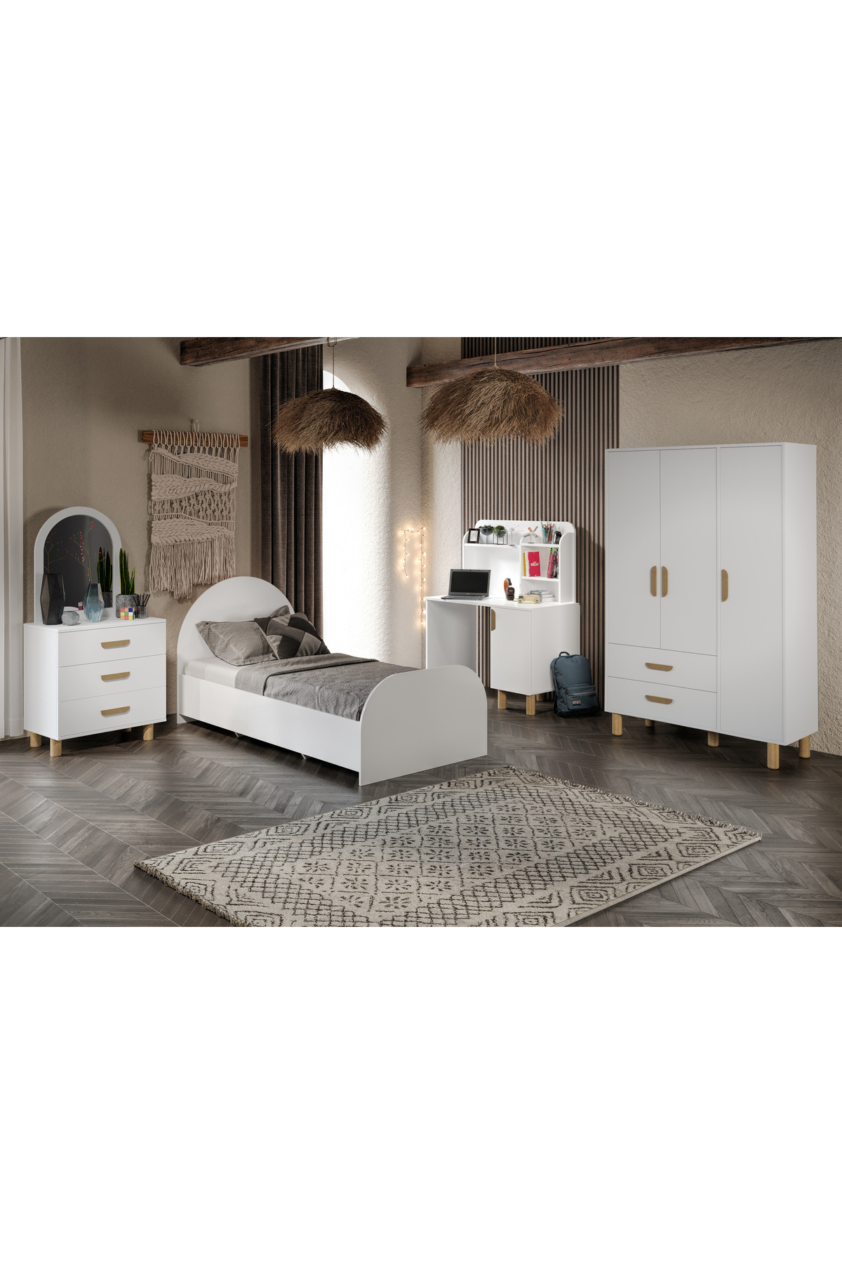 Afilli Bohem Çocuk Odası Takımı Beyaz Tamamı Mdf ( 4 Parça )