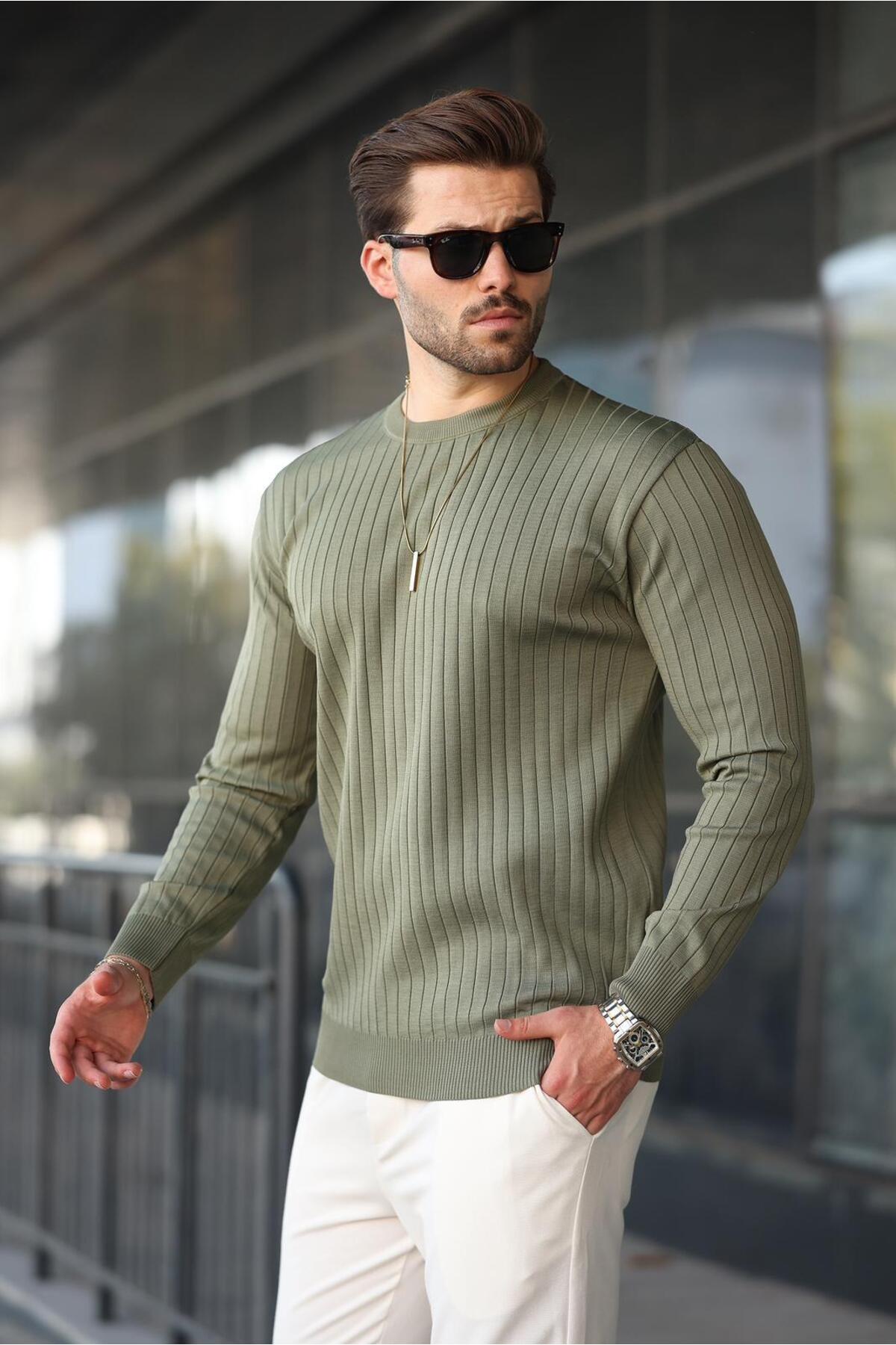 ژاکت آستین بلند راه راه یقه گرد خاکی E7273 — خاکی — تصویر 2 از 6