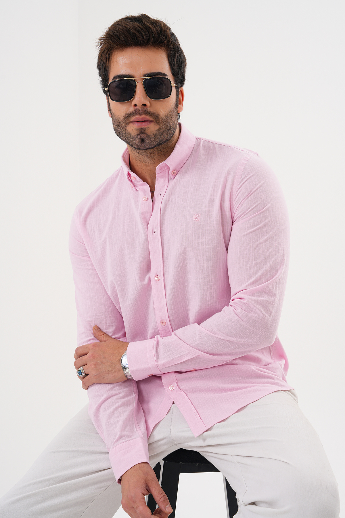 Catto Peak  Erkek 100%pamuk Nefes Alan Teri Emen Nakışlı Regular Gömlek - Görsel 2