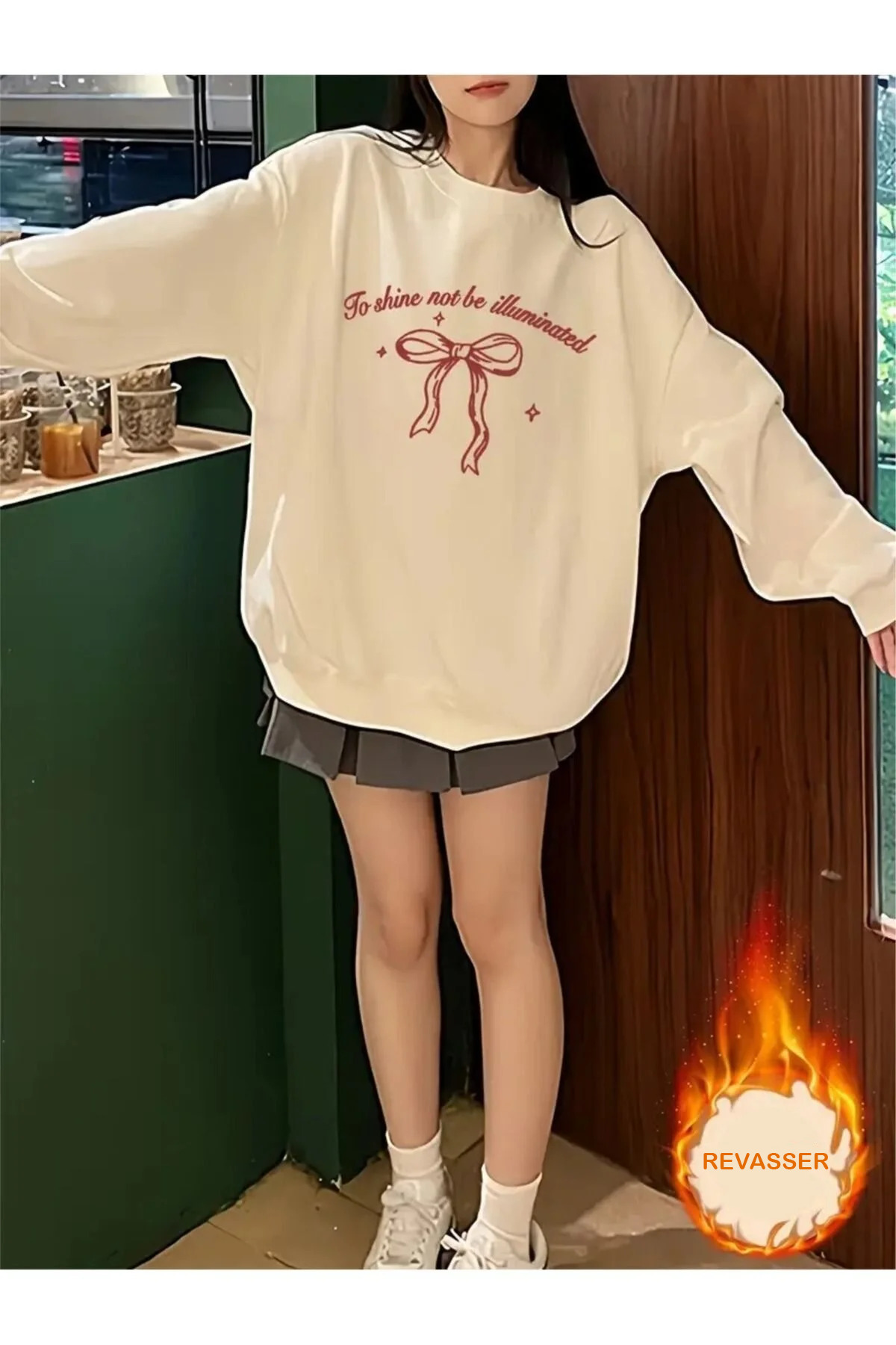 Revasser Unisex Kadın/Erkek To Shine Özel Baskılı Rnkli Oversize Bisiklet Yaka Sweatshirt görsel 2