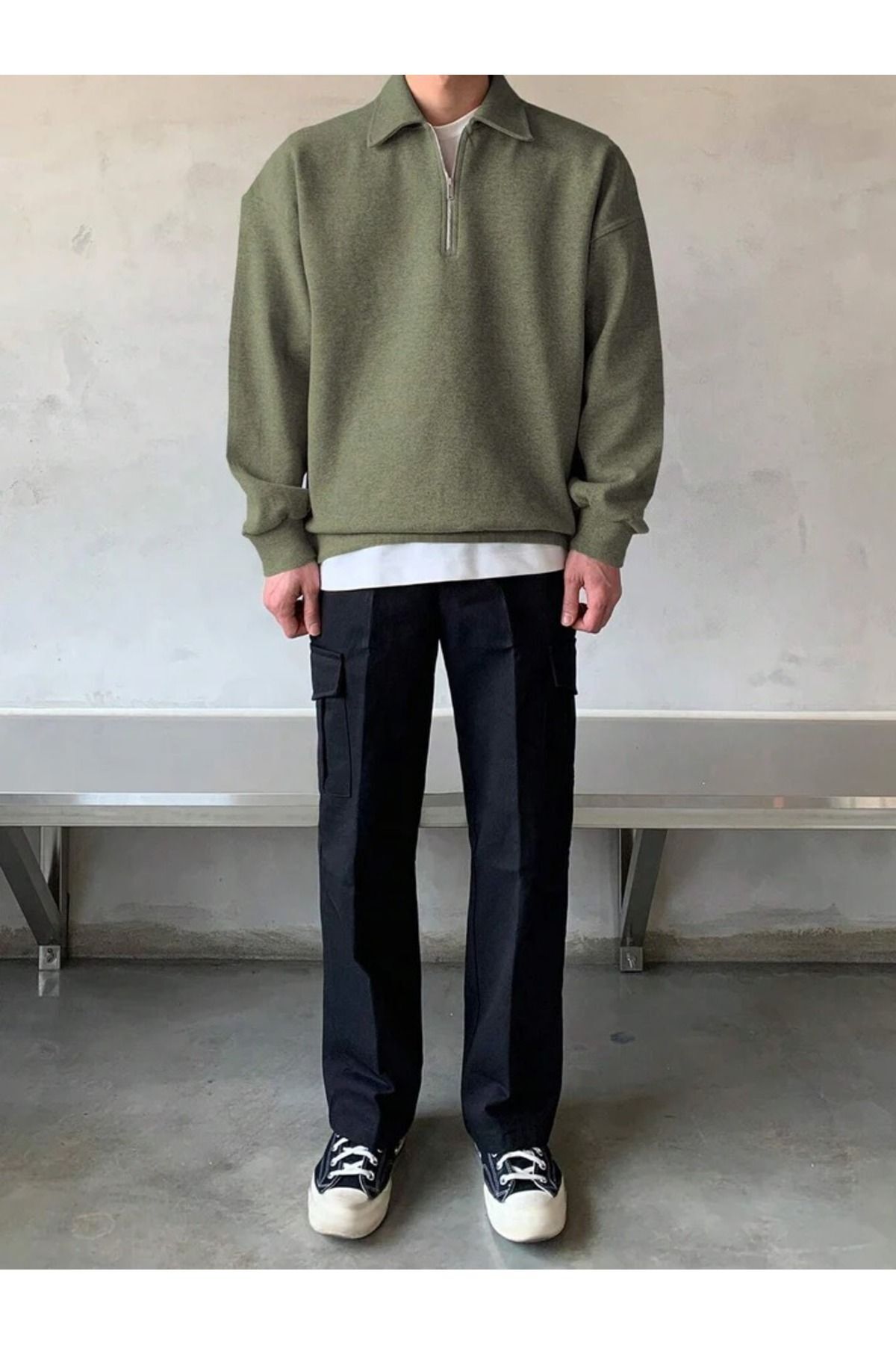 COMBİNE MİCHAİL Erkek Polo Yaka Yarım Fermuarlı Sweatshirt HAKİ görsel 5