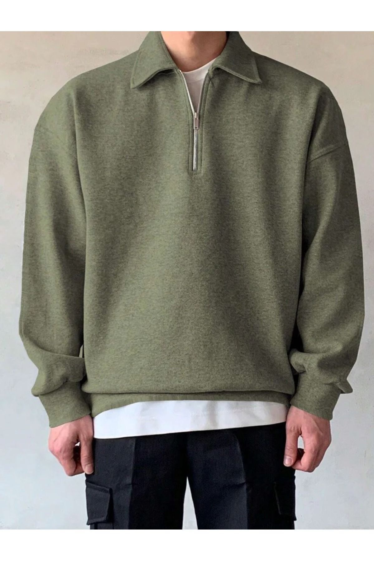 COMBİNE MİCHAİL Erkek Polo Yaka Yarım Fermuarlı Sweatshirt HAKİ görsel 4