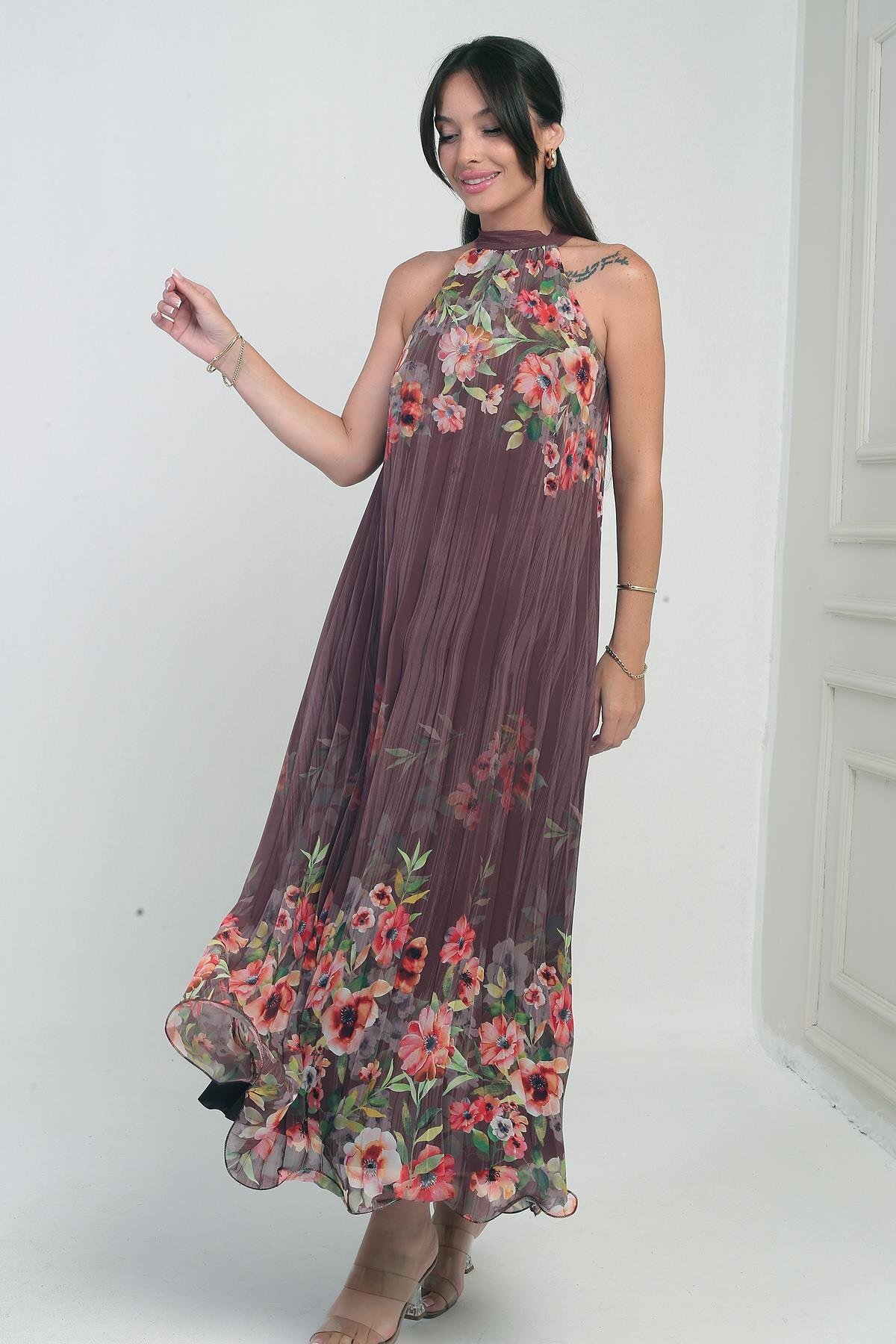 Women Floral Pattern Lined Plisoley Chiffon Long Dress