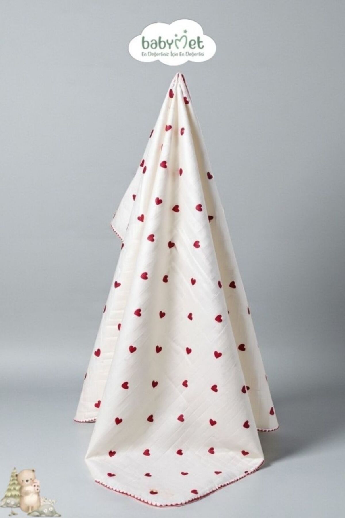 Genel Markalar %100 Pamuk Müslin Pike Bebek Battaniyesi 100x100 cm – Çift Taraflı Kalp Desenli, Doğal fotoğrafı 2 (önizleme)