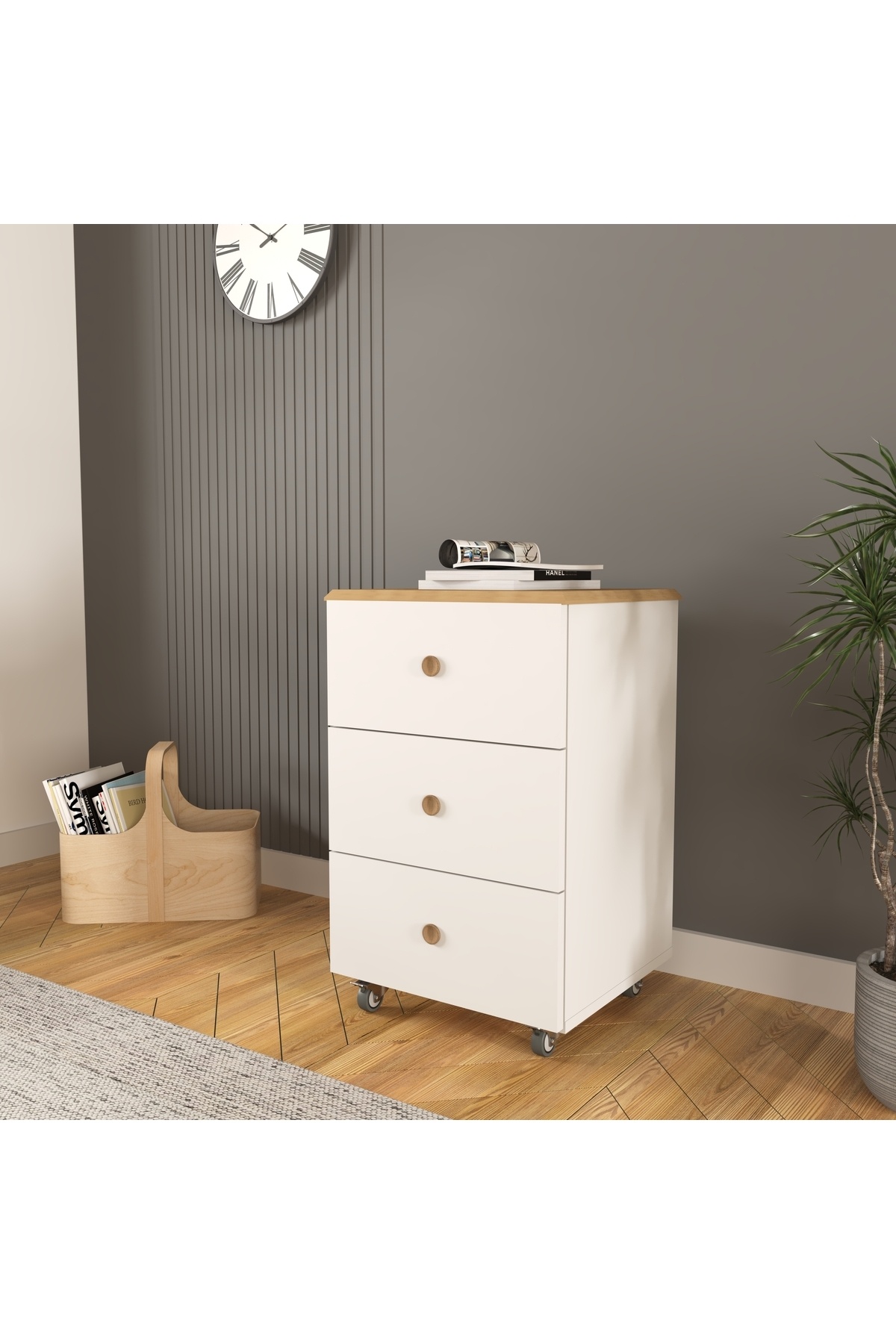 Cool Home Olven Keson-Komodin 3 Çekmeceli Tekerlekli , Beyaz-Meşe