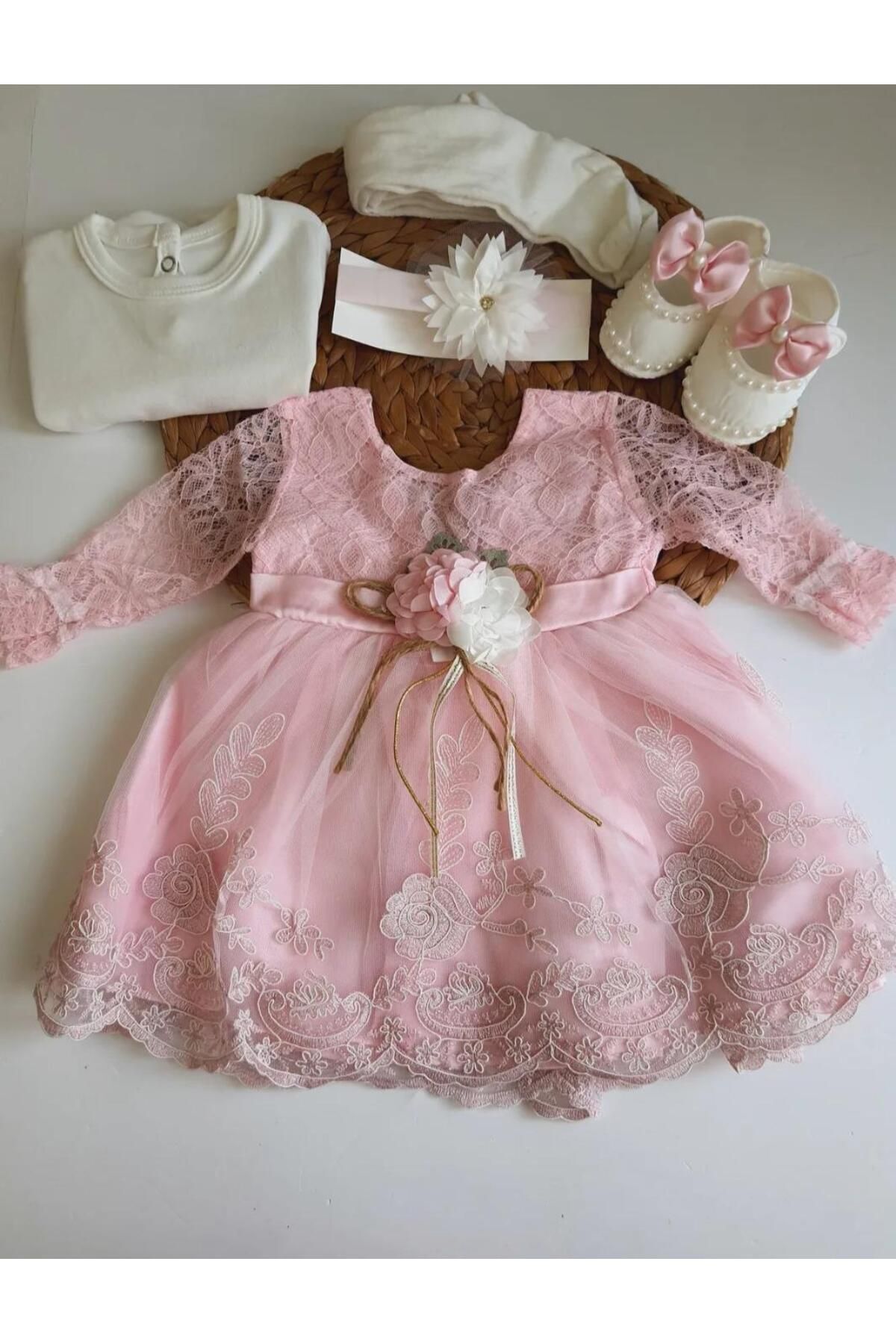 Petite Ponpon Baby Kız Bebek 0-6 Ay Gelinlik Elbise 5 Li Mevlütlük Set Uzun Kollu Fransız Dantelli Elbise fotoğrafı 7 (önizleme)