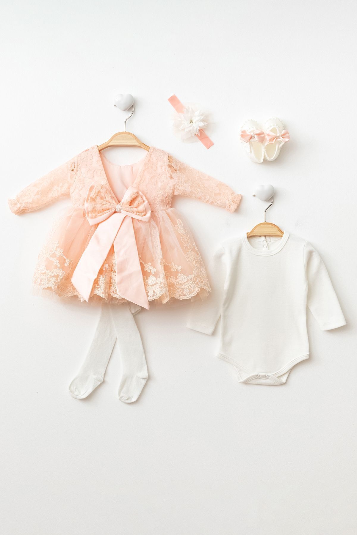 Petite Ponpon Baby Kız Bebek 0-6 Ay Gelinlik Elbise 5 Li Mevlütlük Set Uzun Kollu Fransız Dantelli Elbise fotoğrafı 6 (önizleme)