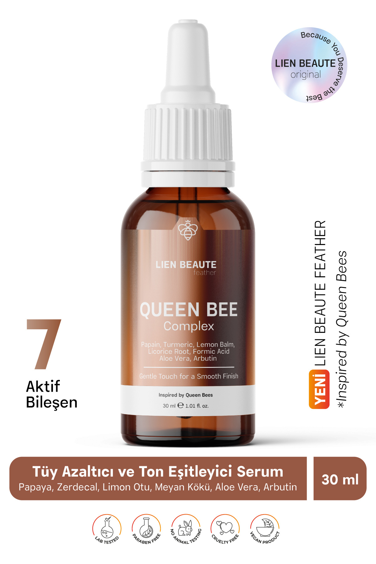 Lien Beaute Kraliçe Arı Kompleks Tüy Azaltıcı ve Ton Eşitleyici Serum Formik Asit Papaya Zerdeçal Limon Otu