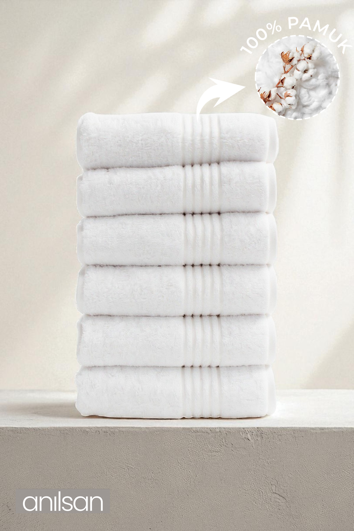 6-Piece Striped White Hand Towel - 50x90 Cm, 180g, 100% Cotton, Spa And Hotel Towel