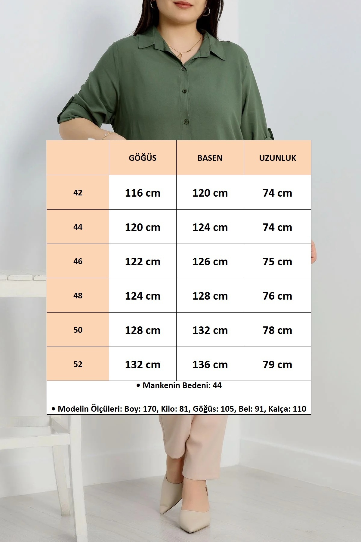 FOR ESRA BIG TREND Kadın HAKİ Büyük Beden Düz Renk Kol Ve Yan Katlamalı Dokuma Viskon Gömlek görsel 2