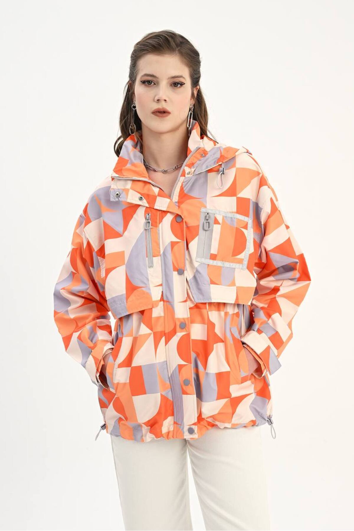 MATTİMODA  Geometrik Desen Turuncu Yağmurluk - Görsel 2