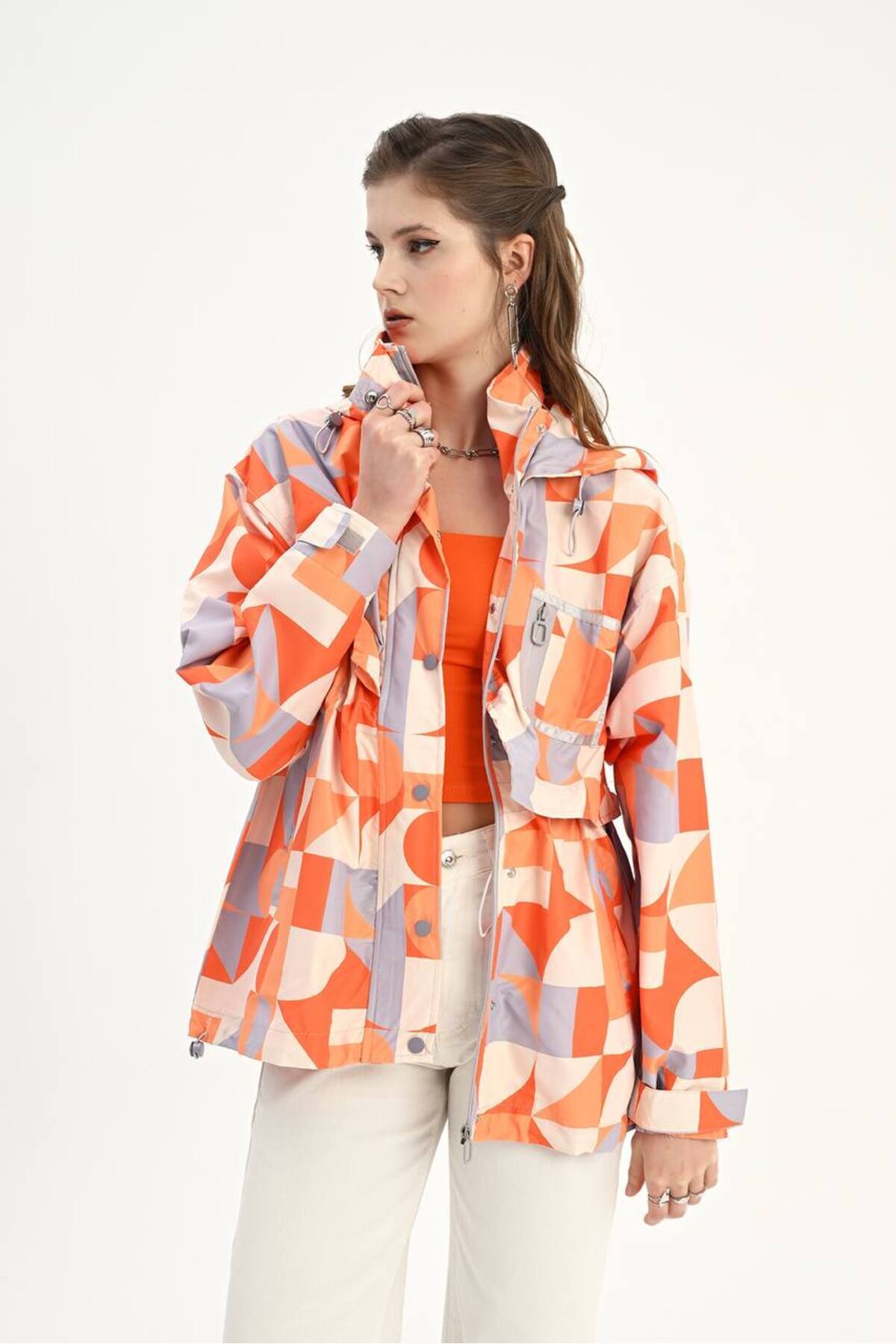 MATTİMODA  Geometrik Desen Turuncu Yağmurluk - Görsel 3