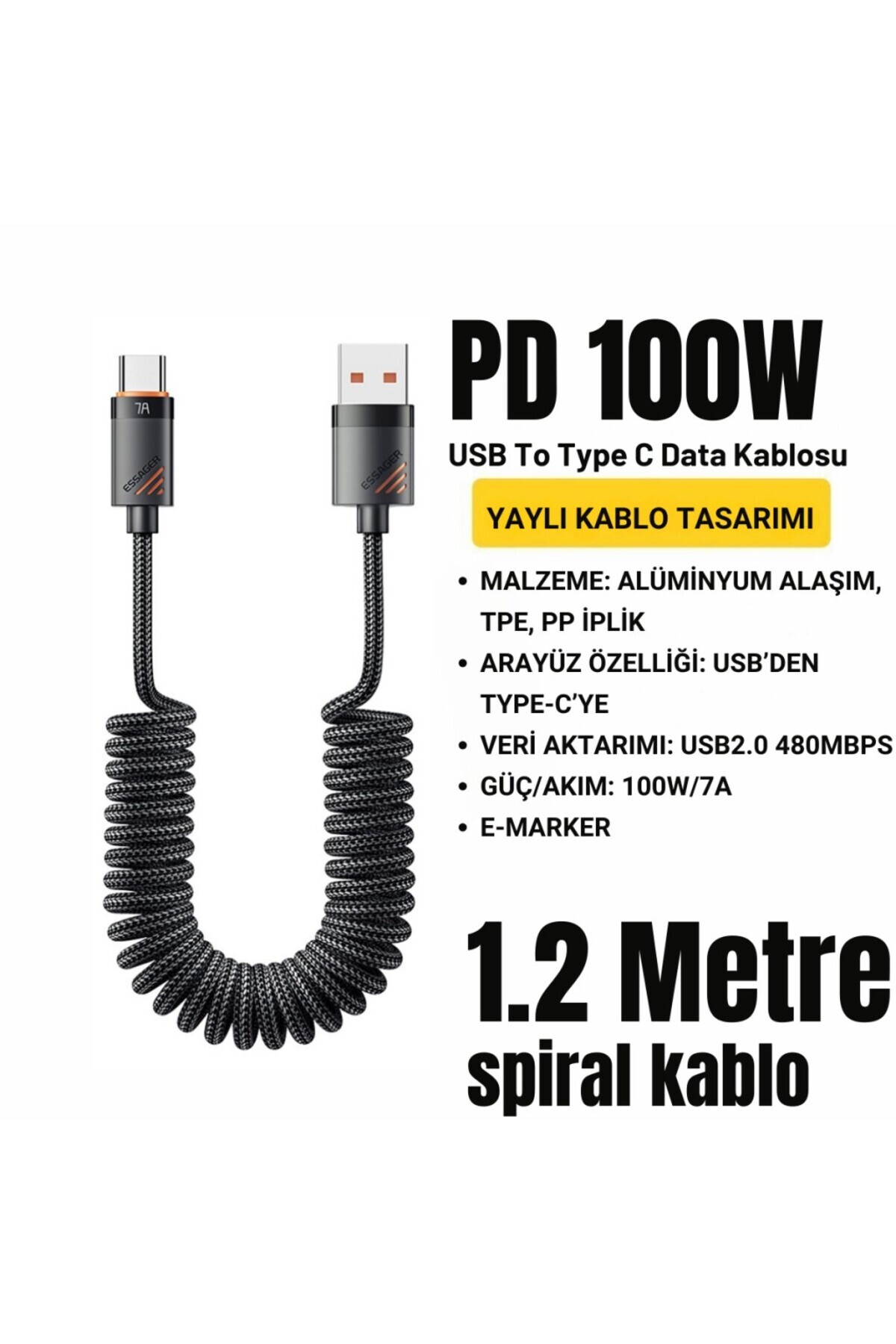 essager PD 100W 7A USB to Type-C 1.2m Yaylı Spiral Data ve Hızlı Şarj Kablosu, Kopmaz, Karışmaz Kabl