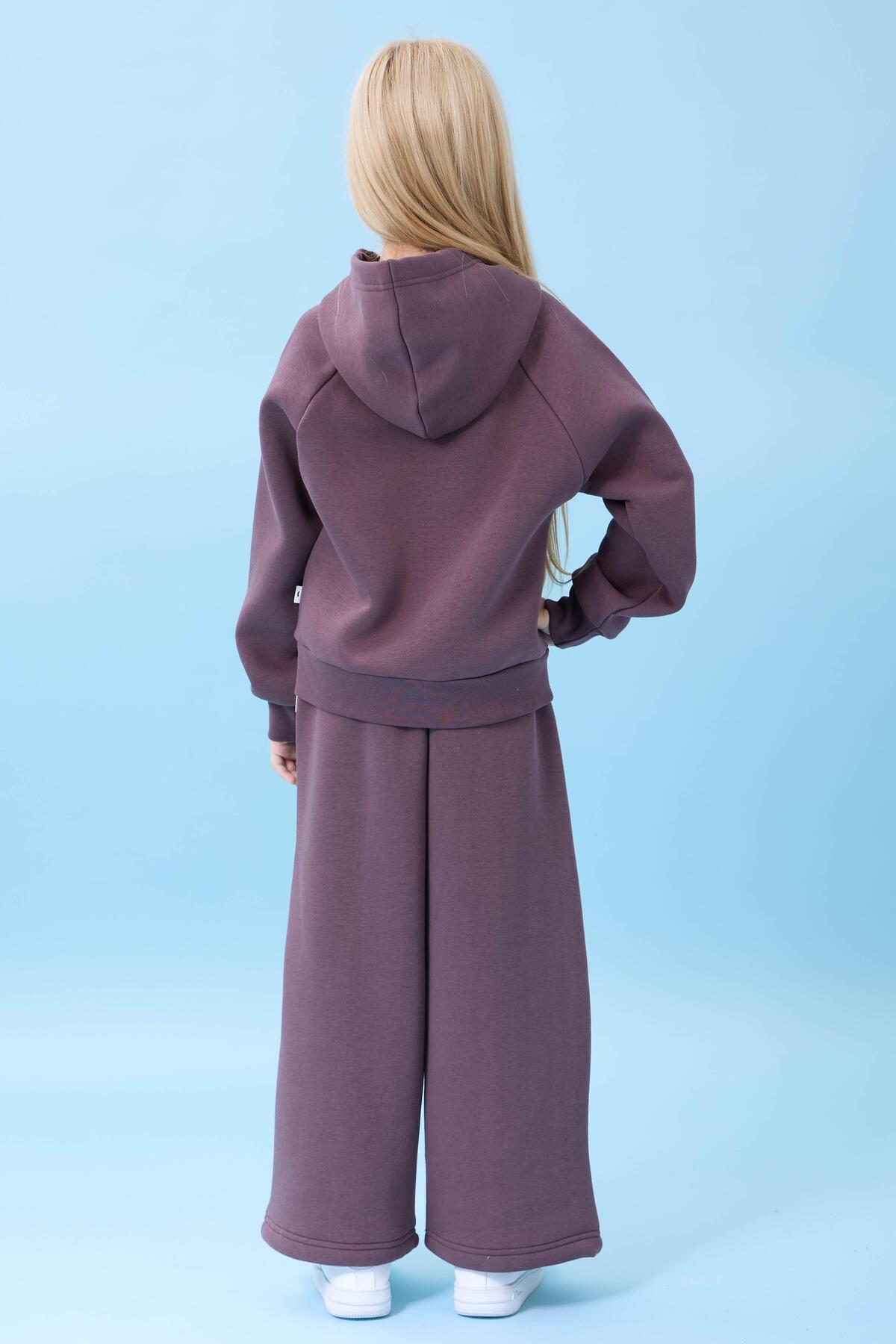 Perendi Girl's Hooded Winter Set with Fleece Lining and Cat Embroidery, Eggplant Color