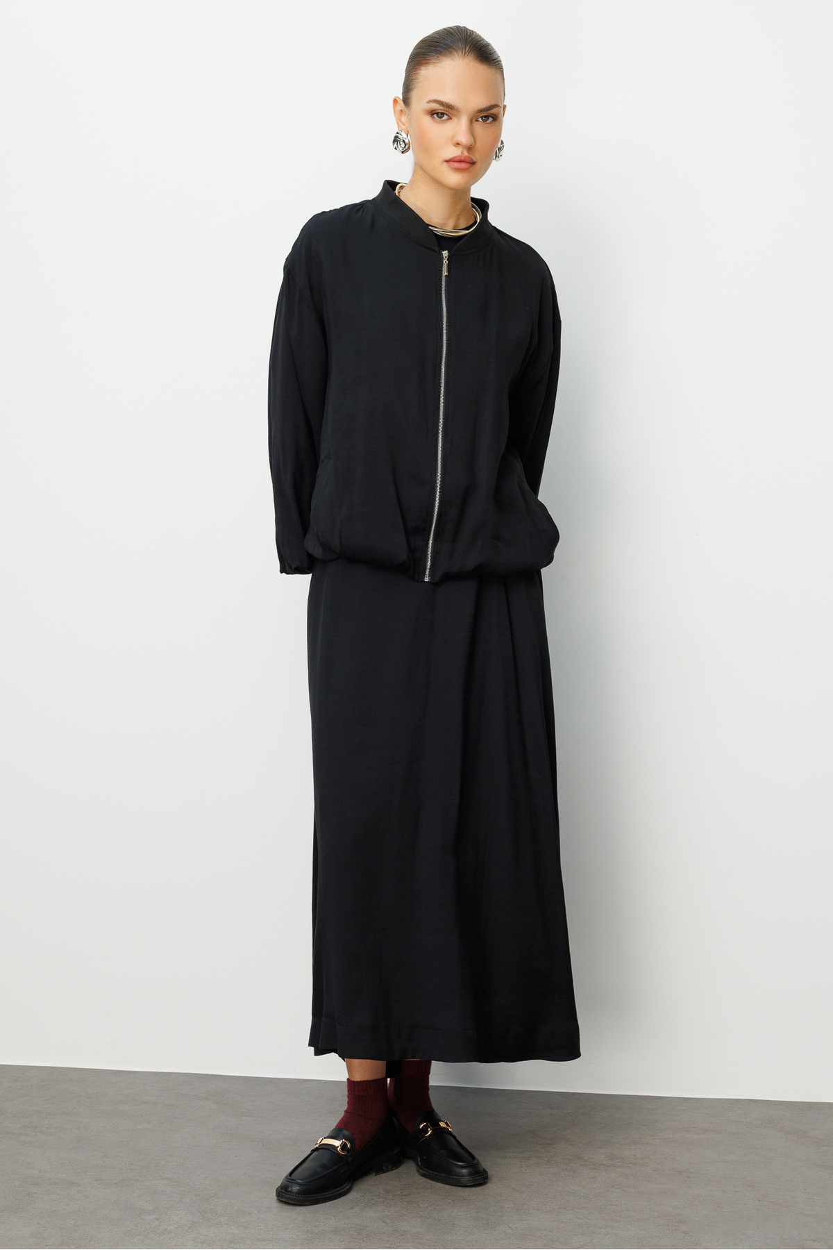 Modal Blend Black Elastic Waist Maxi Skirt