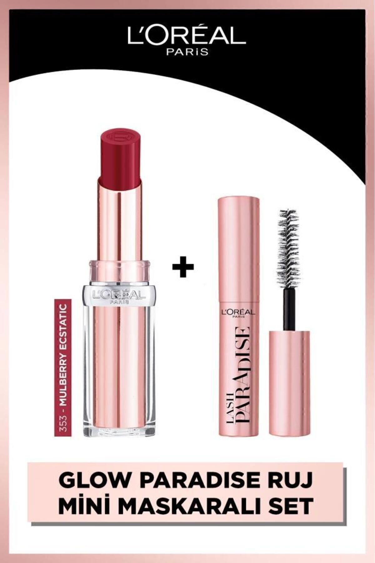 L'Oreal Paris Glow Paradise Balm-in-Lipstick Işıltı Veren Ruj 353 Mulberry Ecstatic & Mini Paradise Maskara 4.7 ML