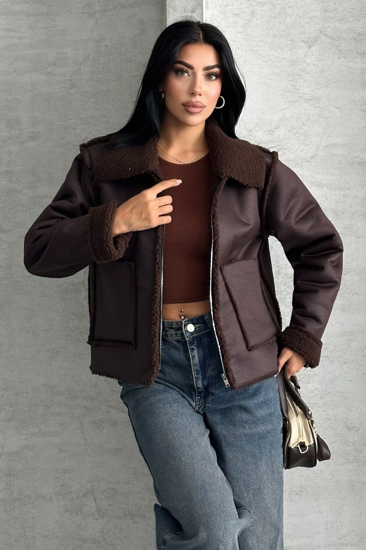 moda armanc  Kadın Çift Cepli İçi Suni Kürklü Suni Deri Biker Mont - Görsel 5