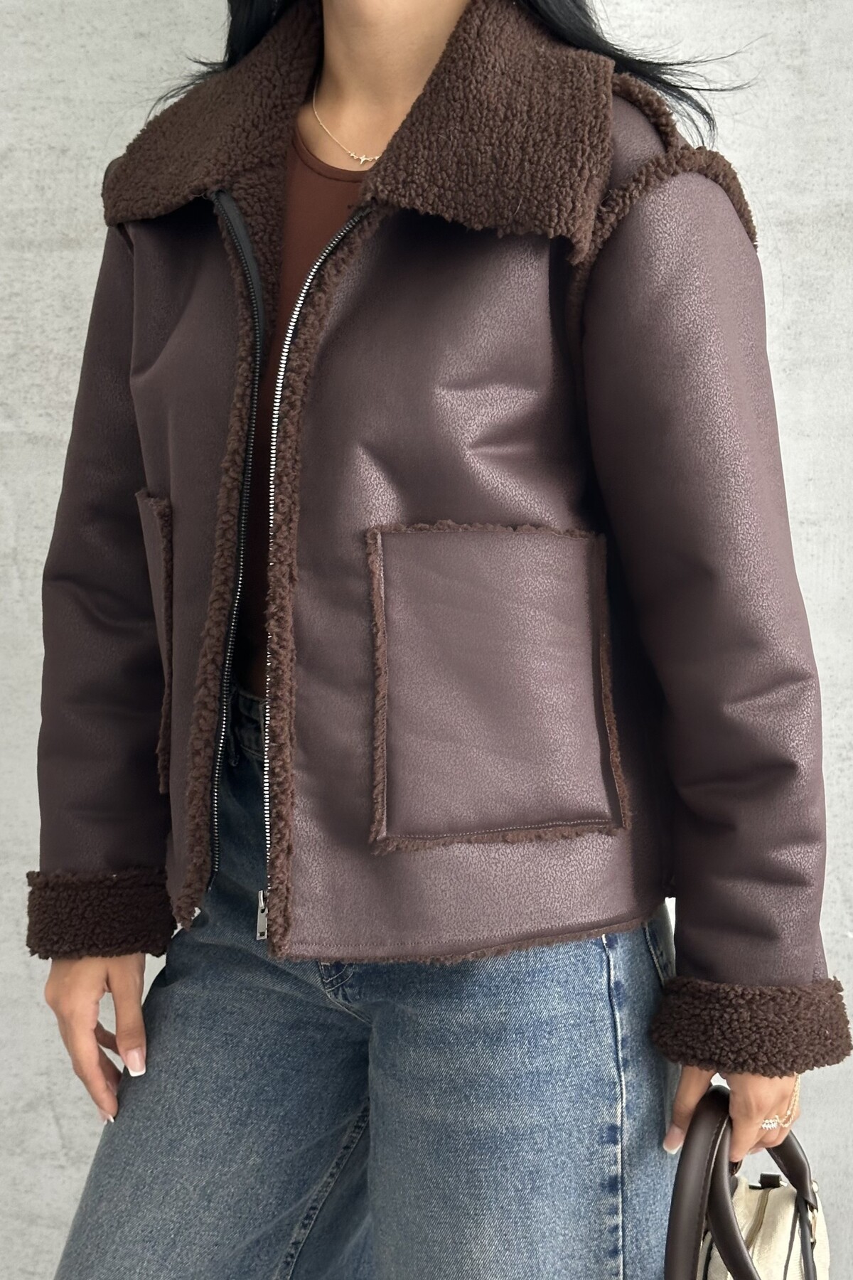 moda armanc  Kadın Çift Cepli İçi Suni Kürklü Suni Deri Biker Mont - Görsel 2