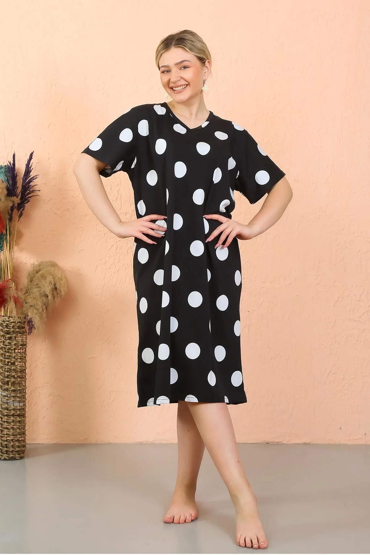 Çamaşır Kenti Kadın Kısa Kol Diz Altı Over Size Ev Elbisesi - Geceliği