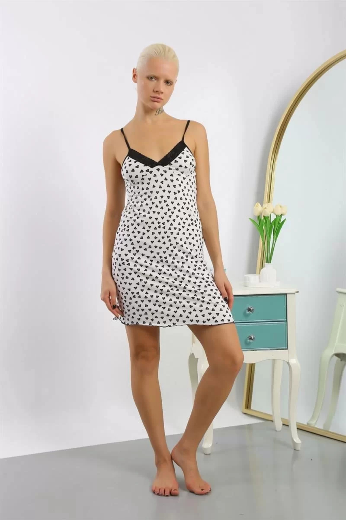 Çamaşır Kenti Kadın Penye Desenli İp Askılı Gecelik