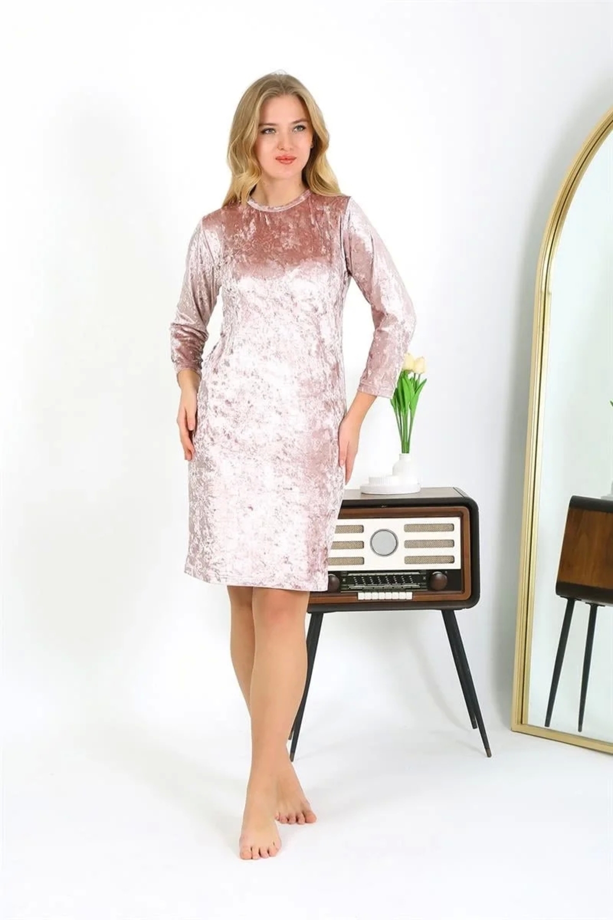 Çamaşır Kenti Kadife Ev Elbisesi Tunik Gecelik Pudra